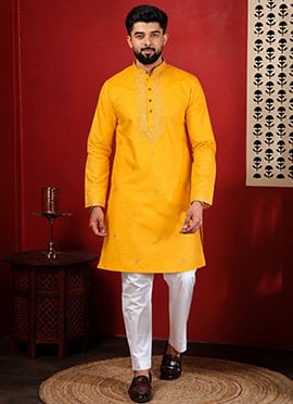 Vibrant Yellow Cotton Embroidered Kurta Pyjama