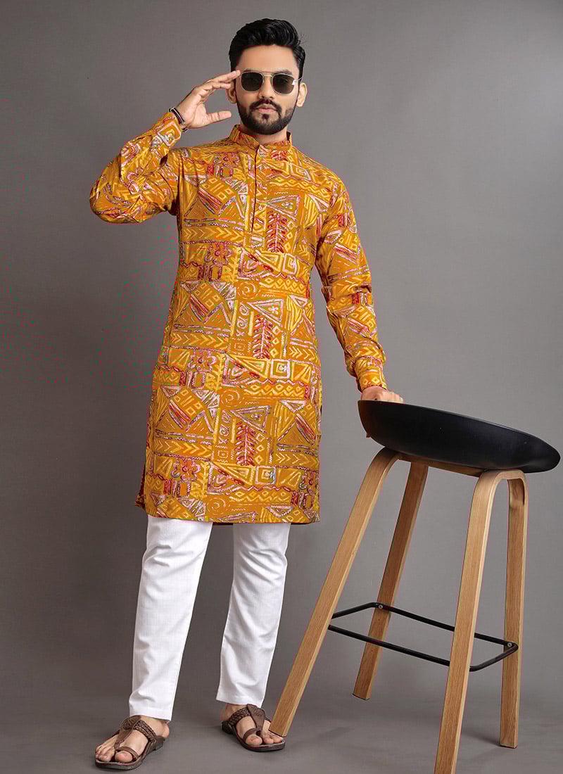 Vibrant Yellow Cotton Foil Print Kurta Pyjama   Festive Wear