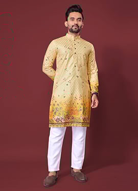 Vibrant Yellow Cotton Rayon Embroidered Sequins Kurta Pyjama