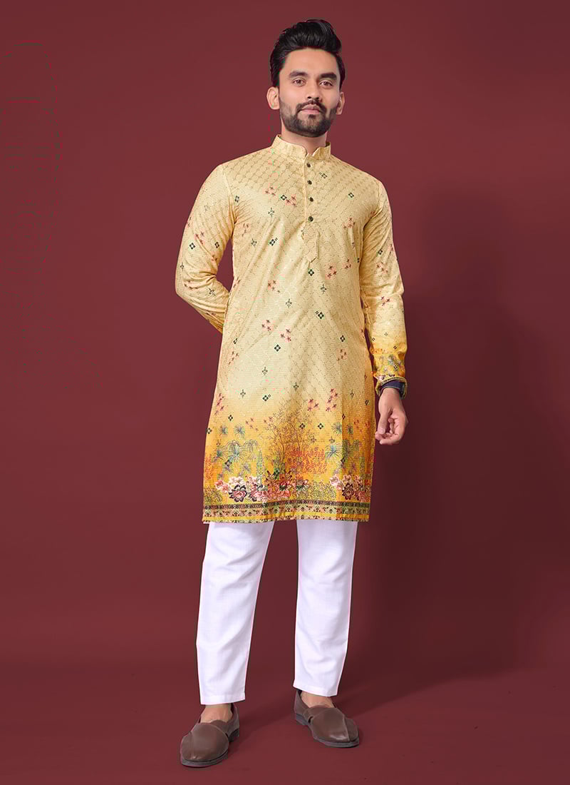 Vibrant Yellow Cotton Rayon Embroidered Sequins Kurta Pyjama Festive Wear