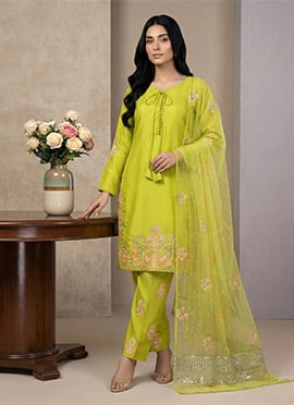 Vibrant Yellow Crepe Silk Embroidered Sequins Straight Pant Suit