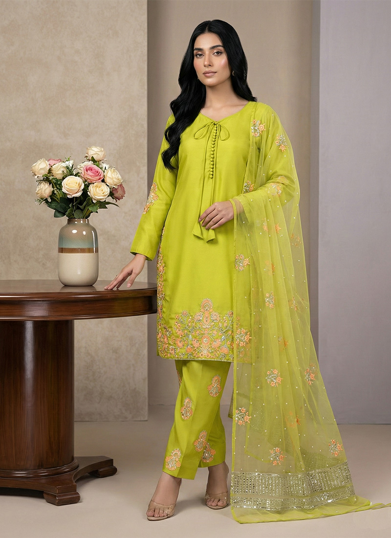Vibrant Yellow Crepe Silk Embroidered Sequins Straight Pant Suit Festive Wear