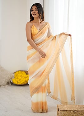 Vibrant Yellow Fendy Satin Zarkan Stones Work Saree