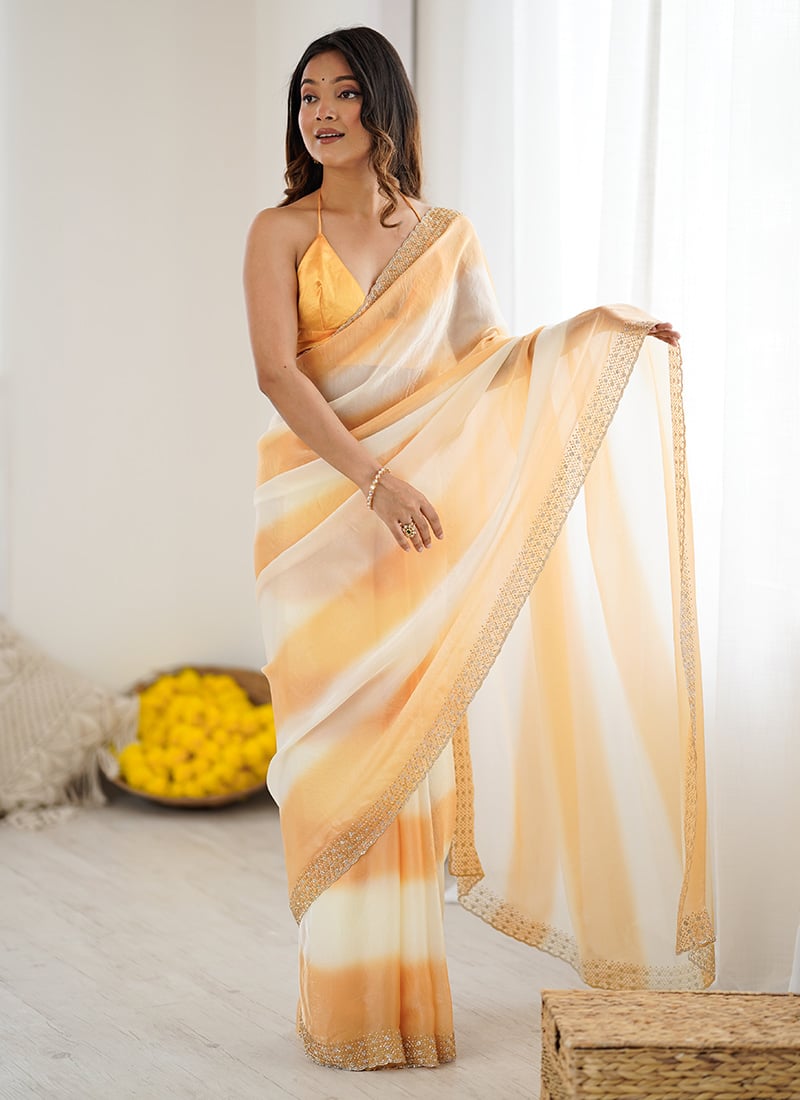 Vibrant Yellow Fendy Satin Zarkan Stones Work Saree After Six Wear