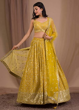 Vibrant Yellow Georgette Zari and Multiple Sequins Embroidered Umbrella Lehenga
