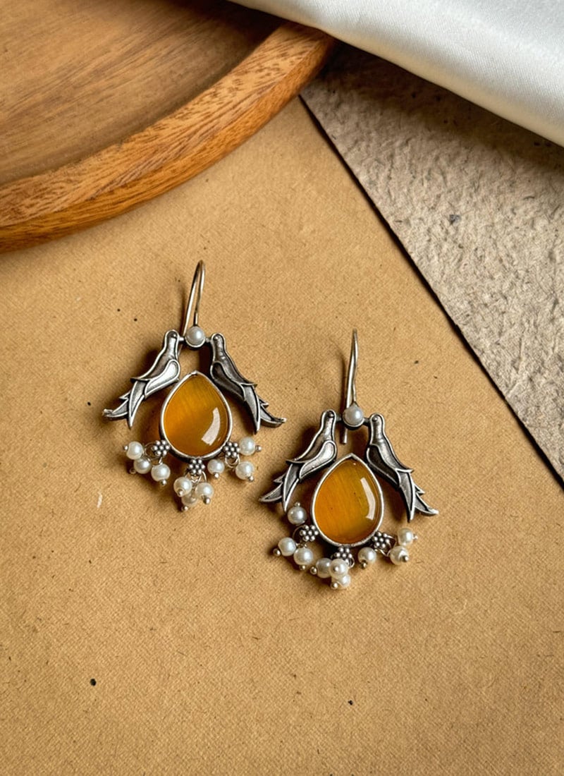 Vibrant Yellow Kundan Beads Bird Design Danglers Festive Wear