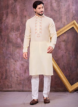 Vibrant Yellow Linen Cotton Embroidered Kurta Pyjama