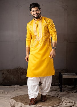 Vibrant Yellow Linen Embroidered Sequins Thread Kurta Pyjama