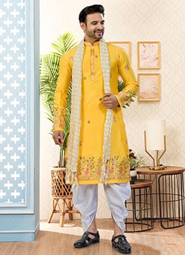 Vibrant Yellow Malai Silk Embroidered Sequins Thread Kurta Pyjama