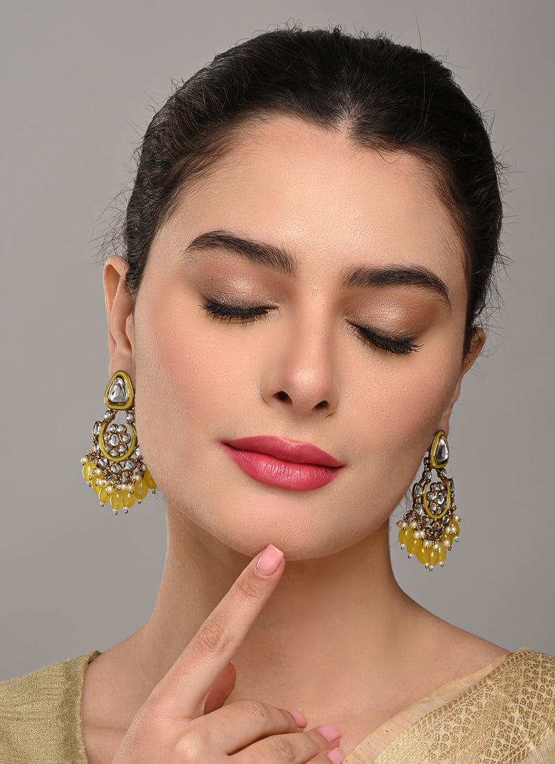 Vibrant Yellow Meenakari Kundan Pearl Hoops After Six Wear