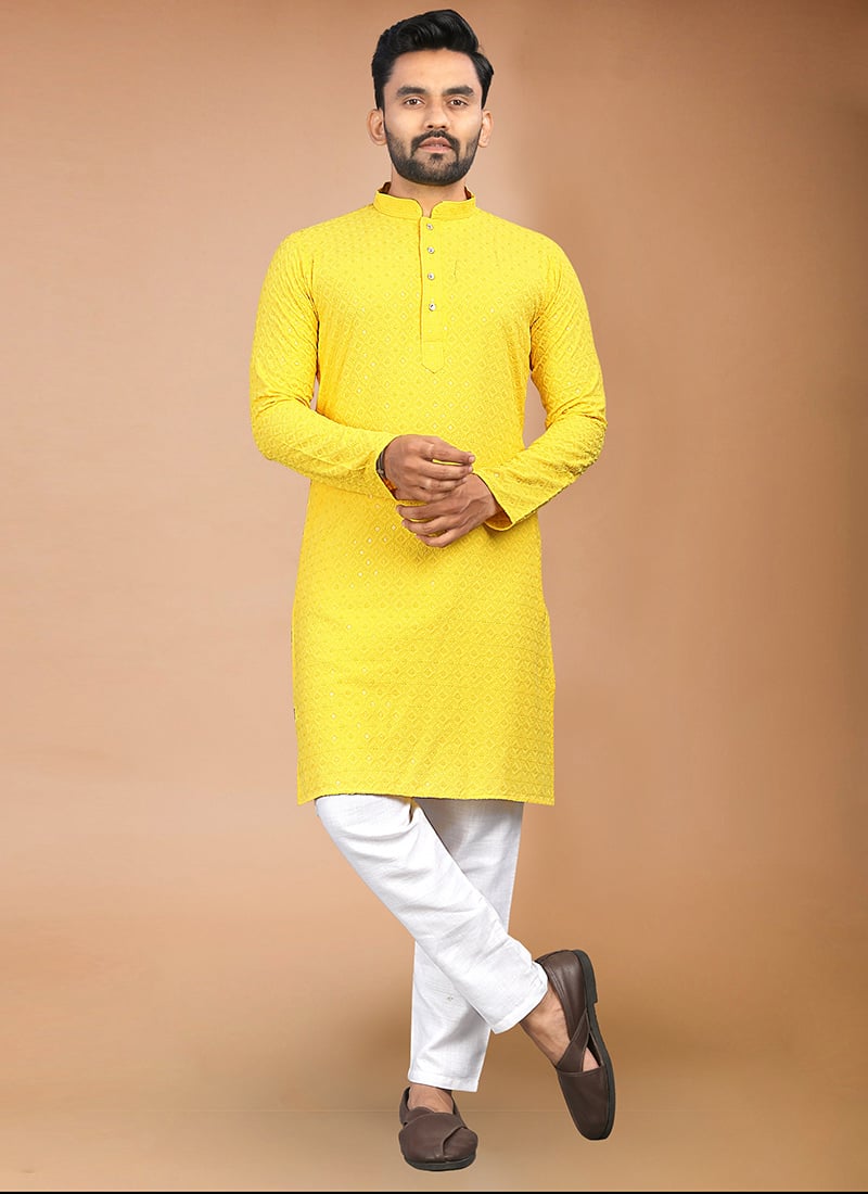 Vibrant Yellow Rayon Sequins Embroidered Kurta Pyjama Festive Wear