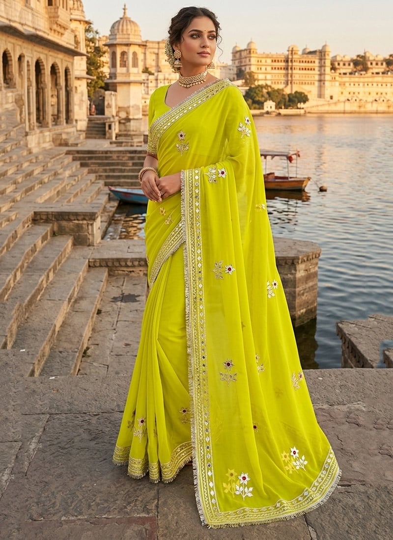 Vibrant Yellow Royal Georgette Embroidered Gota Saree Festive Wear