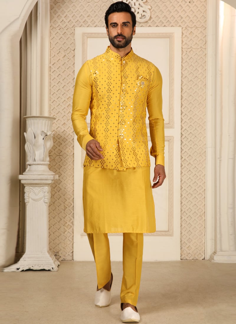 Vibrant Yellow Silk Embroidered Sequins Bandi Set Festive Wear