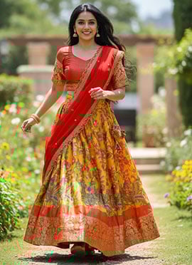 Vibrant Yellow Silk Kalamkari Print Embroidered Zari Beads Umbrella Lehenga