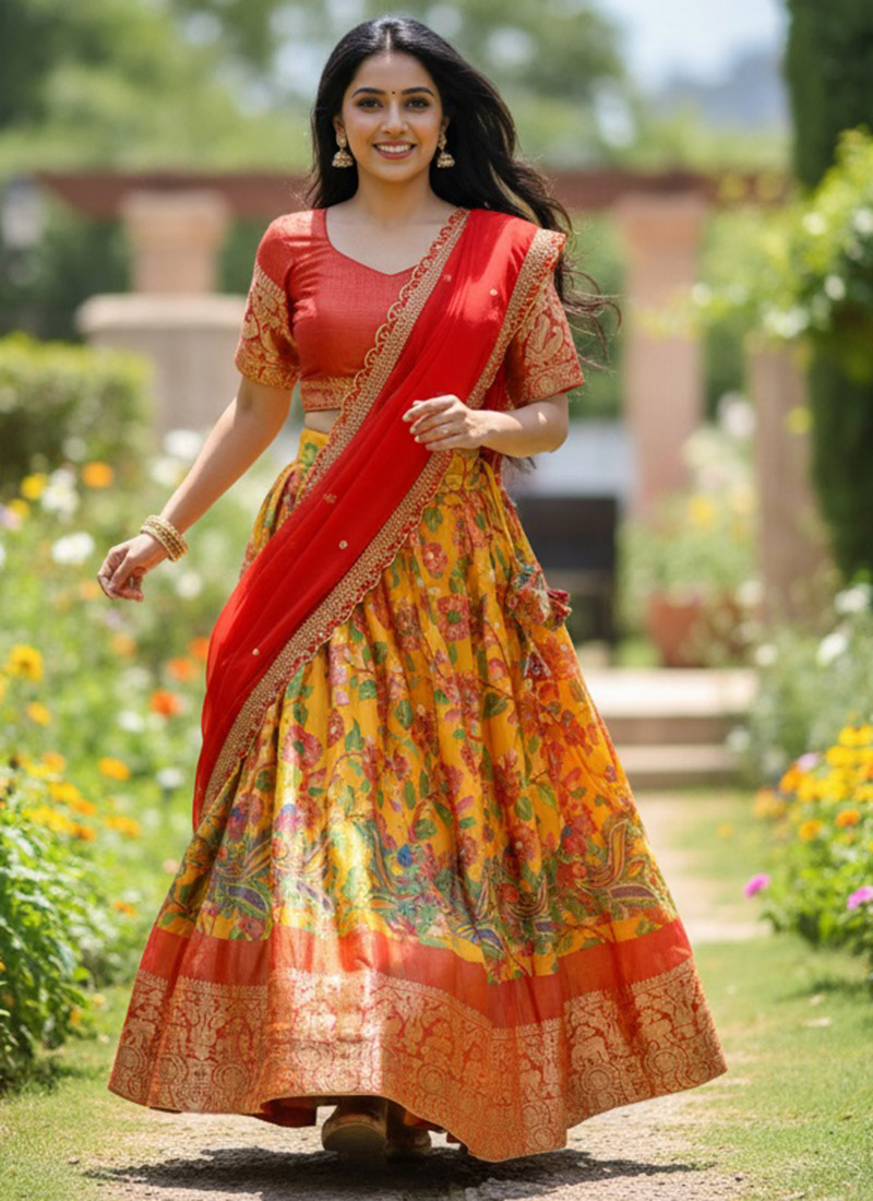 Vibrant Yellow Silk Kalamkari Print Embroidered Zari Beads Umbrella Lehenga Festive Wear