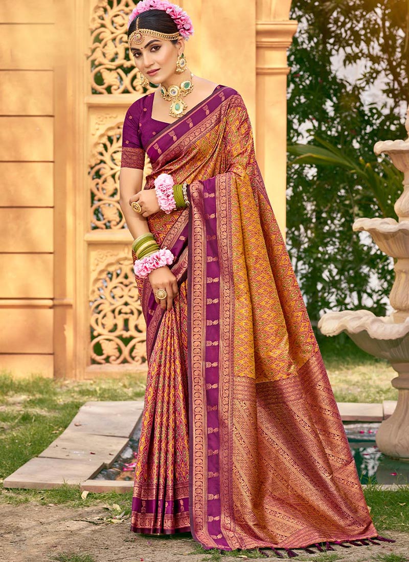 Vibrant Yellow Soft Silk Jacquard Woven Ikkat Print Saree Festive Wear