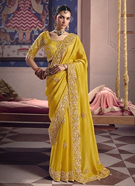 Vibrant Yellow Viscose Tissue Beads Embroidered Sequins Saree