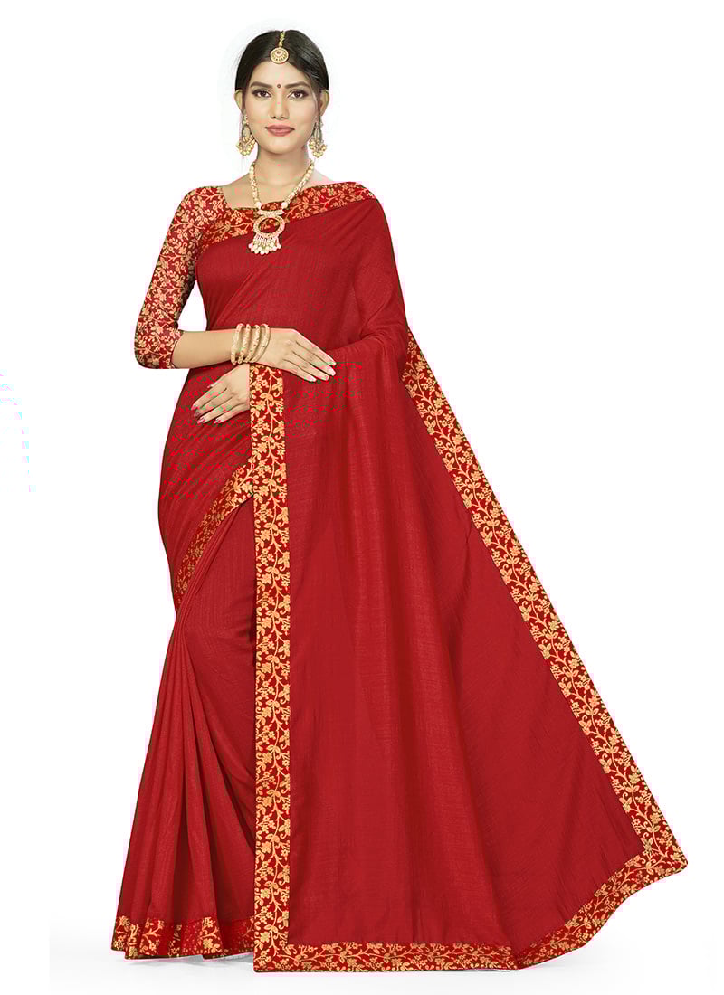 Vichitra Silk Woven Work Red Color Saree Festive Wear