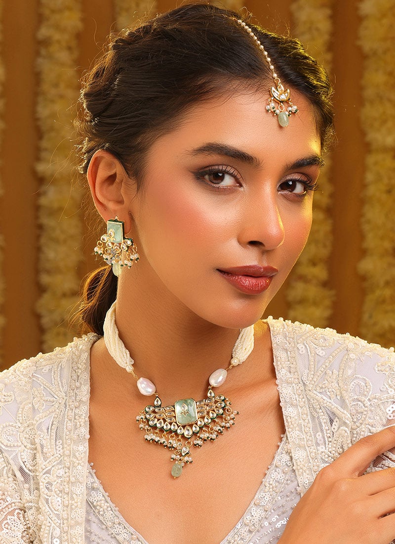 Vintage Green Kundan Beads Necklace Wedding Wear
