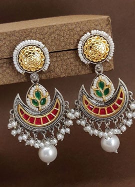 Vintage Silver Beads Kundan Chaand Bali