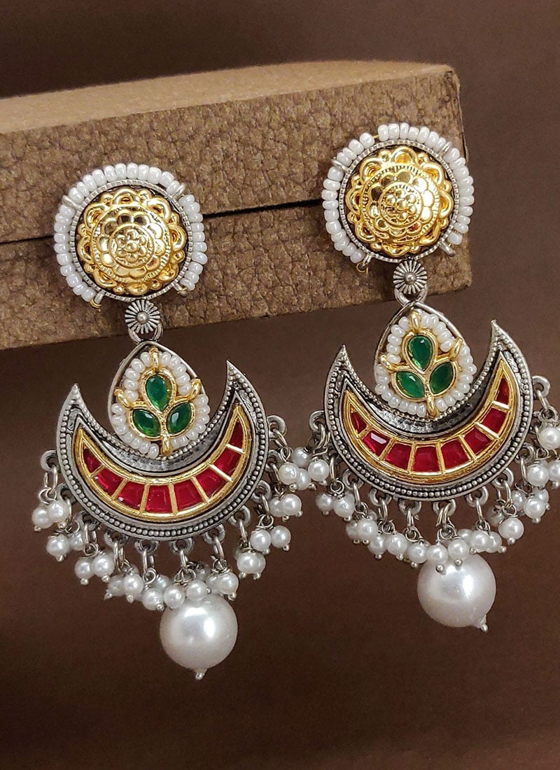 Vintage Silver Beads Kundan Chaand Bali Festive Wear