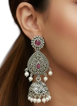 Vintage Silver Plated Kundan Moti Oxidised Jhumka