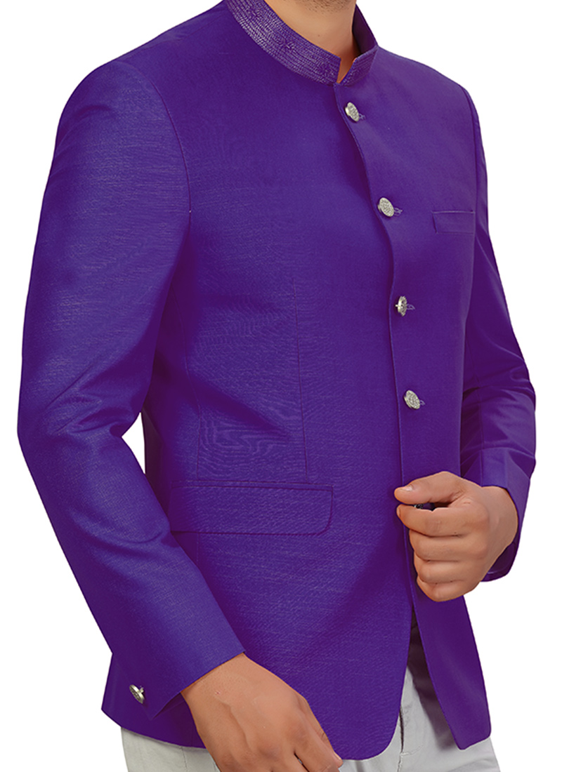 Buy Violet Art Silk Collar Embroidery Bandhgala Jacket, Embroidered