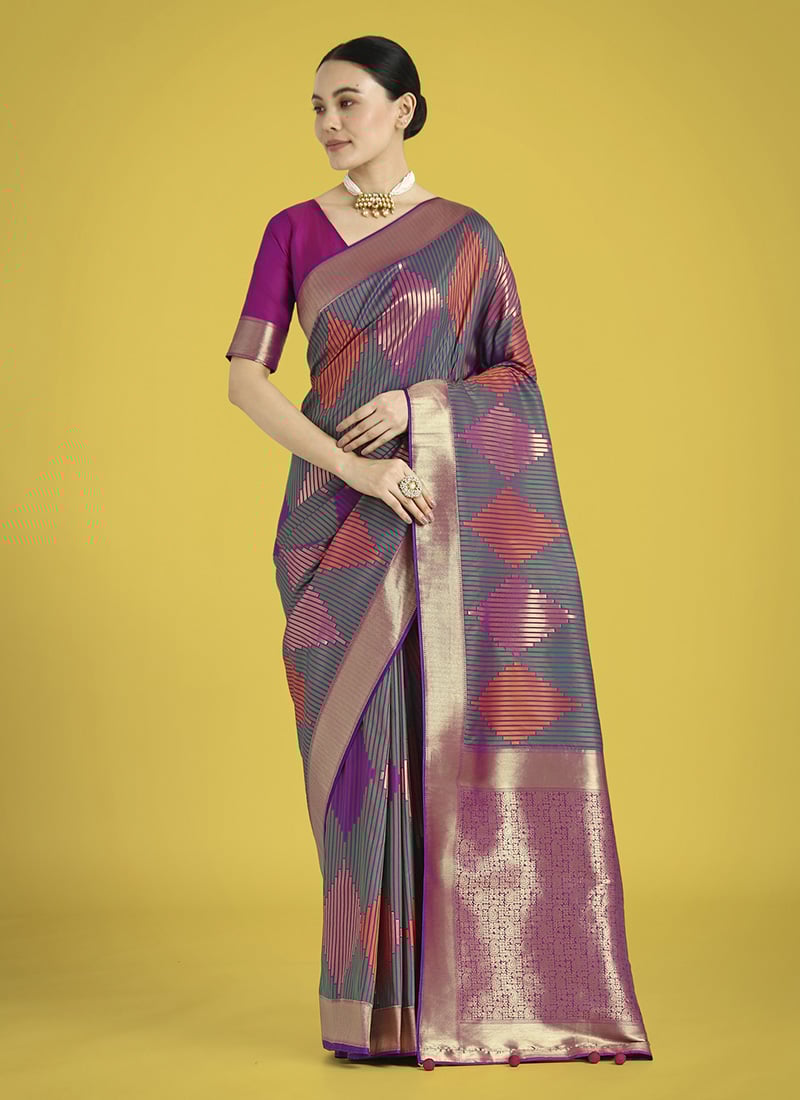 Violet Banarasi Silk Zari Woven Saree Festive Wear