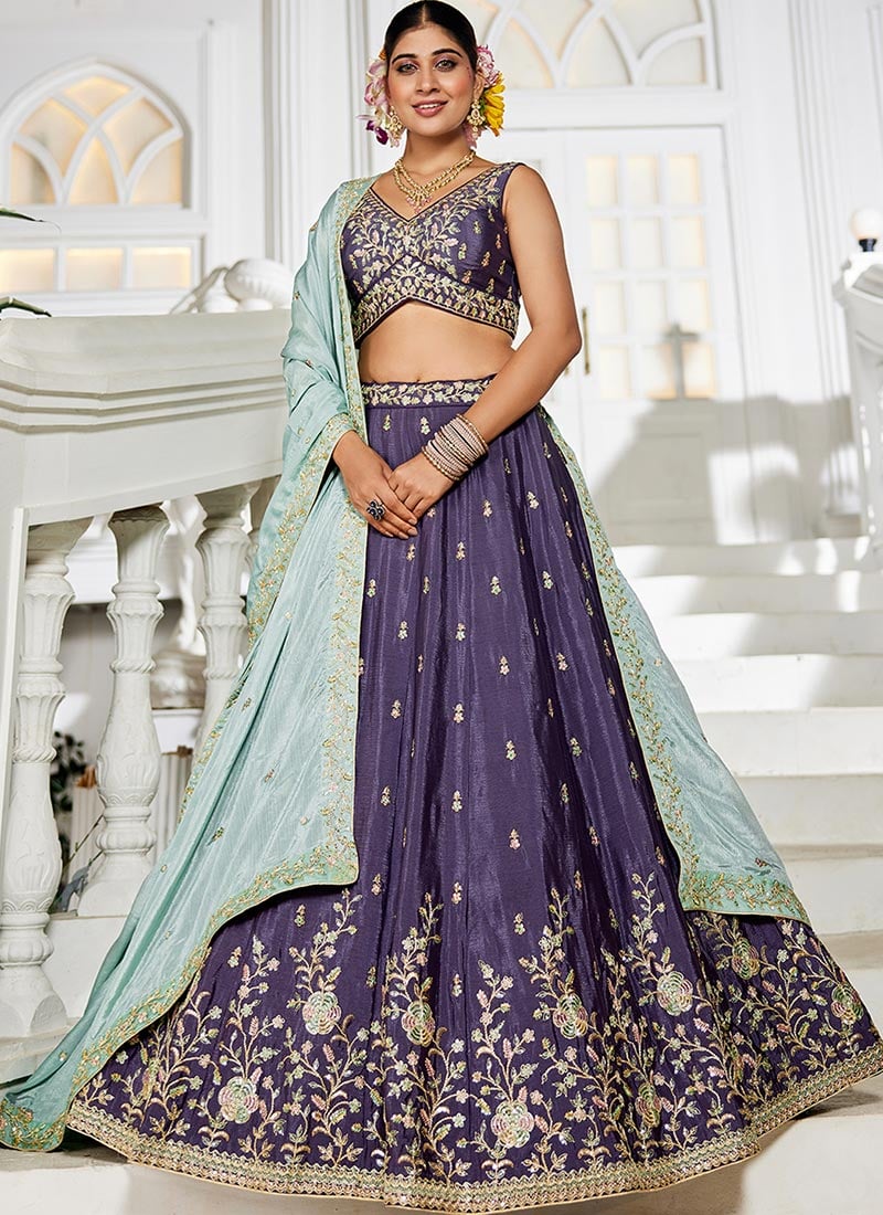 Violet Chiffon Embroidered Sequins Lehenga
