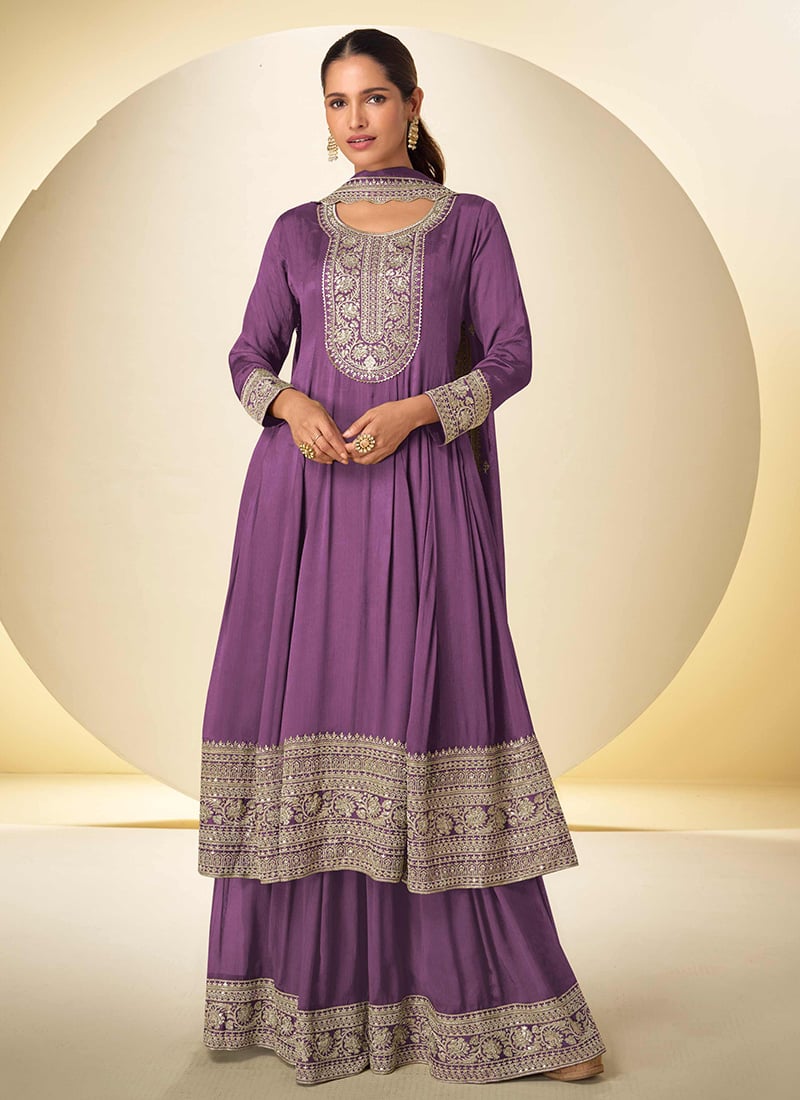 Violet Chinon Embroidered Sequins Palazzo Suit Festive Wear