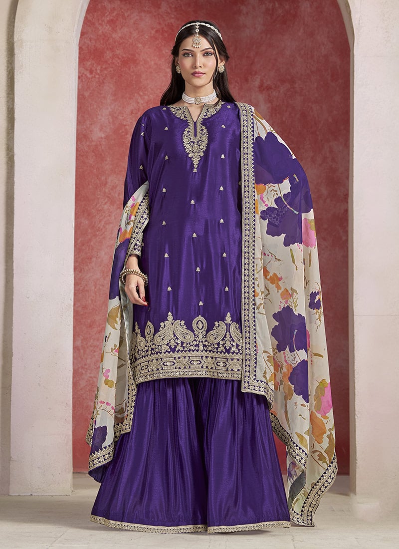 Violet Chinon Silk  Zari Embroidered Sequins Sharara Suit With Printed Dupatta