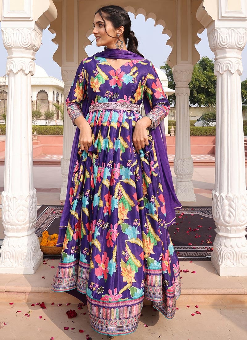 Violet Chinon Silk Digital Print Anarkali Suit