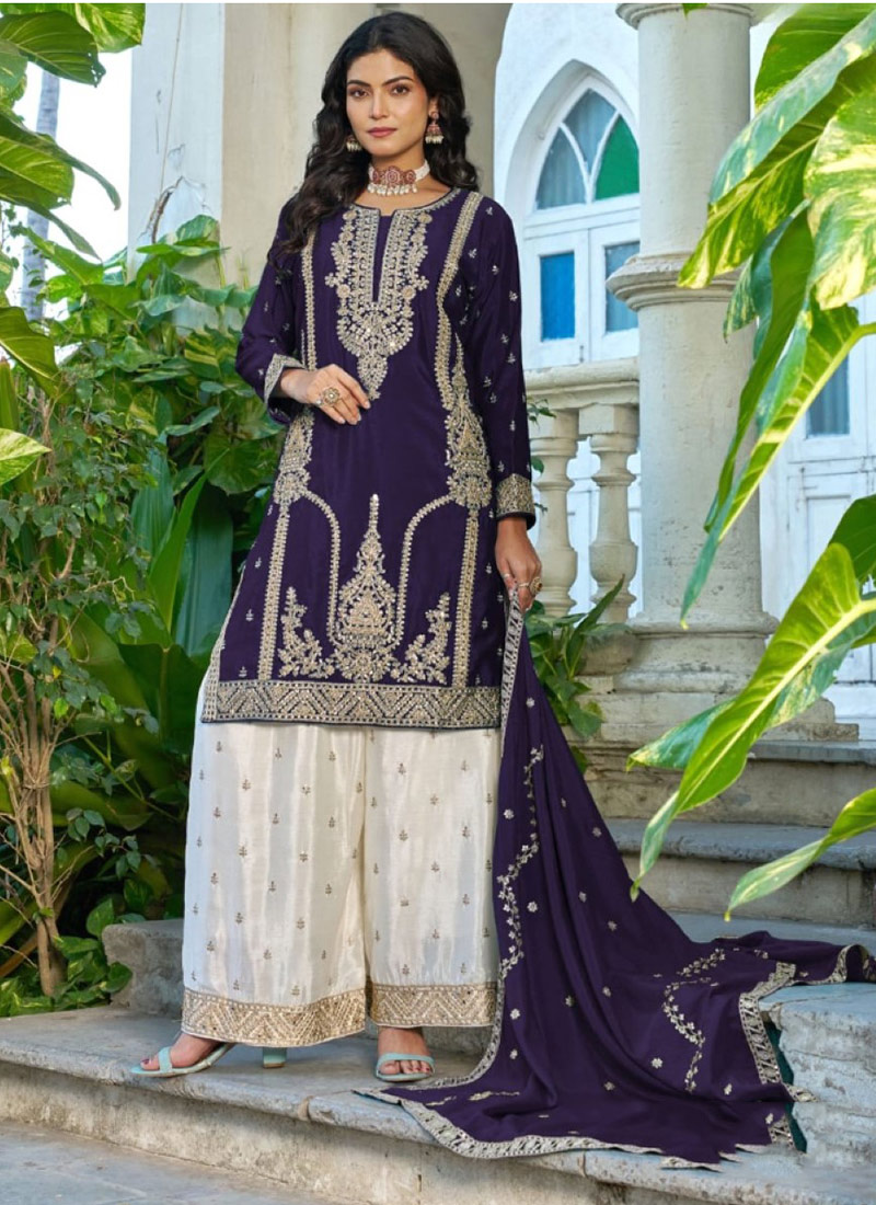 Violet Chinon Silk Embroidered Sequins Palazzo Suit Festive Wear