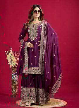Violet Chinon Zari Embroidered Sequins Sharara Suit