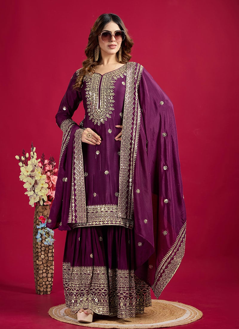 Violet Chinon Zari Embroidered Sequins Sharara Suit Festive Wear-SLSTCST1003VT