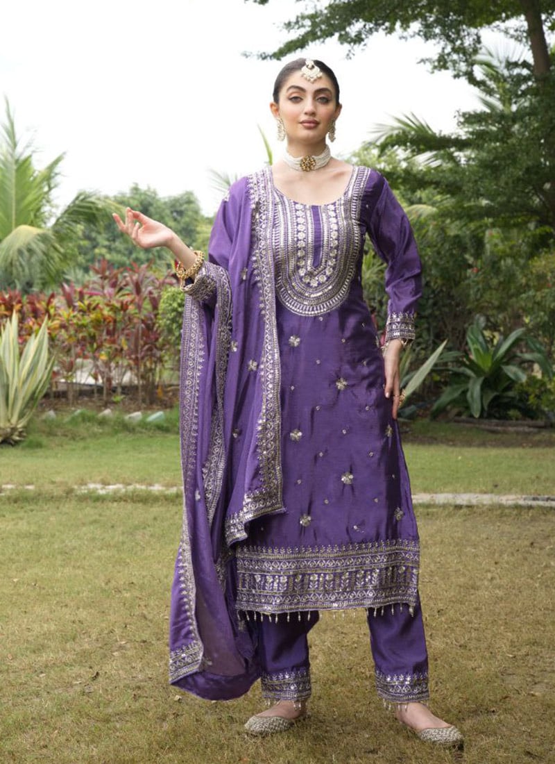 Violet Chinon Zari Embroidered Sequins Straight Pant Suit