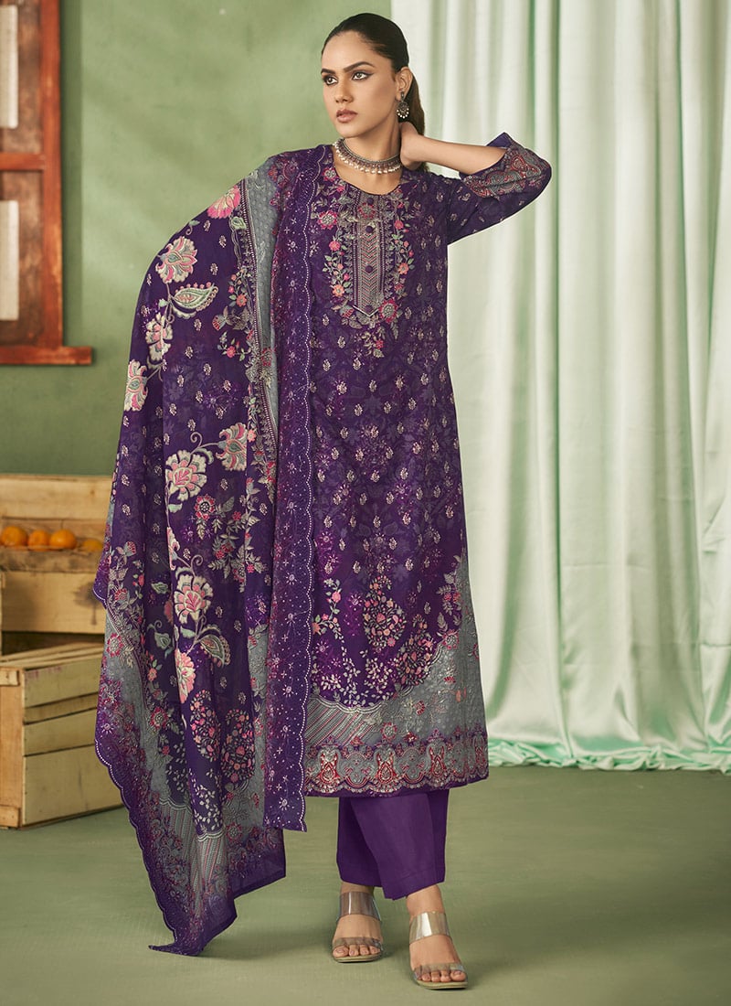 Violet Cotton Digital Print Embroidered Straight Pant Suit Festive Wear