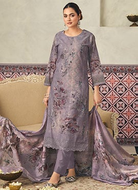 Violet Cotton Digital Print Straight Pant Suit