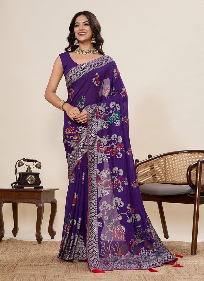 Violet Cotton Zari And Foil Print Saree Festive Wear