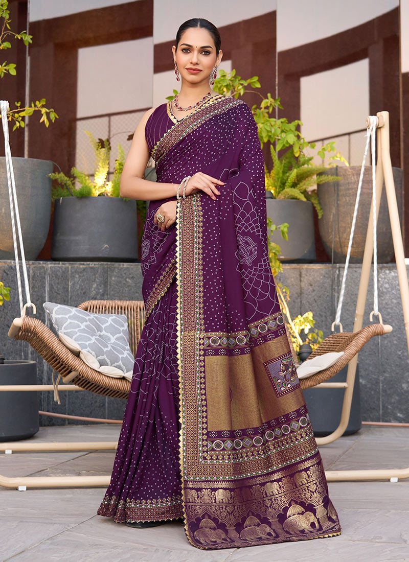 Violet Cotton Zari Woven Foil Print Saree