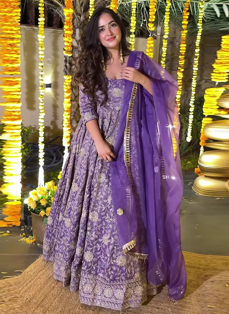 Violet Crunchy Silk Embroidered Sequins Anarkali Suit Festive Wear
