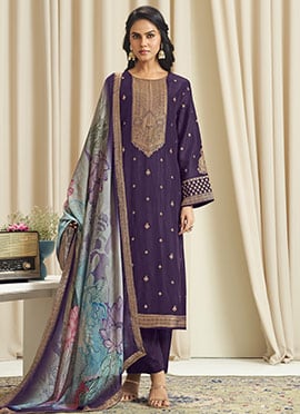 Violet Dola Silk Jacquard Digital Print Straight Pant Suit