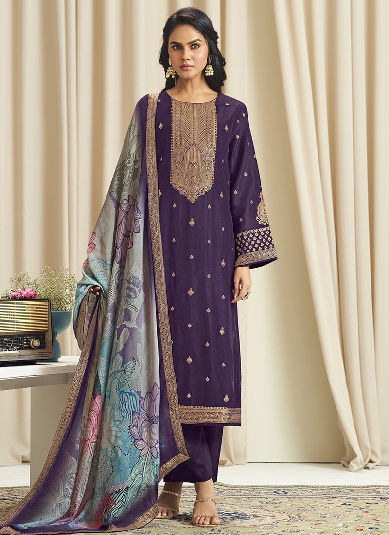 Violet Dola Silk Jacquard Digital Print Straight Pant Suit After Six Wear