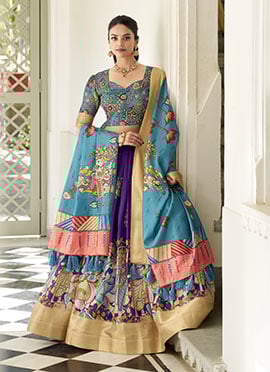 Violet Dola Silk Lehenga Adorned With Zari And Kalamkari Designs