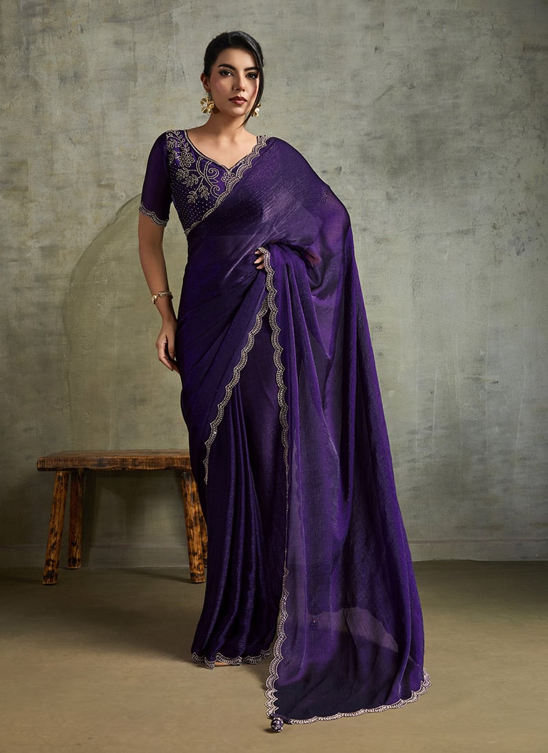 Violet Faux Chiffon Stones Saree  Festive Wear