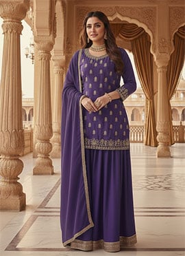 Violet Faux Georgette Zari Hand Embroidered Long Choli Lehenga Set.