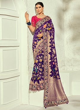 Violet Georgette Bandhej Print Moti Cutdana Hand Embroidered Saree