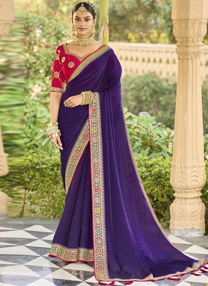 Violet Georgette Embroidered Saree Festive Wear