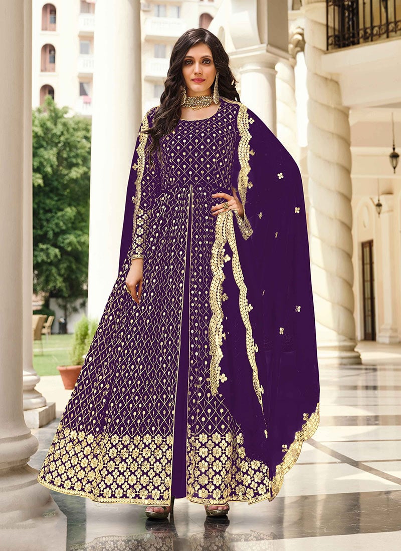 Violet Georgette Mirror Embroidered Anarkali Suit Party Wear