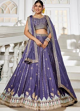 Violet Georgette Sequins Embroidered Zari Lehenga Set Wedding Wear
